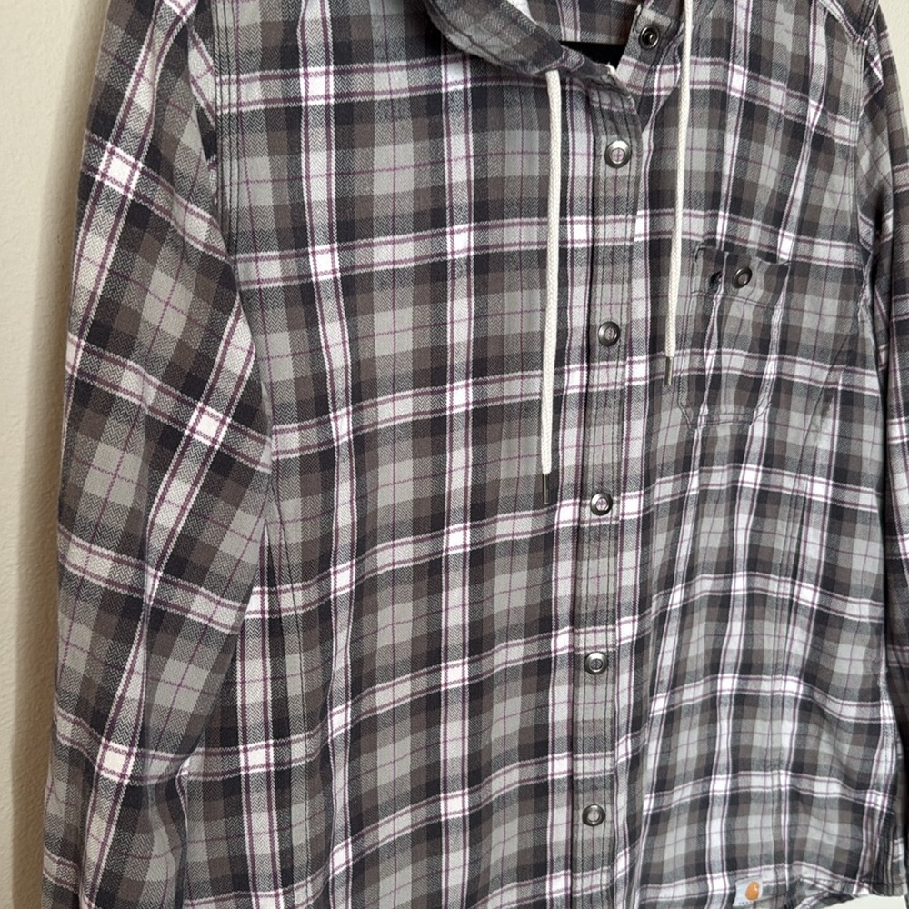 Carhartt Plaid Snap Button Up Hooded Sweatshirt Womens Med Grey Pink Long Sleeve - Picture 2 of 10